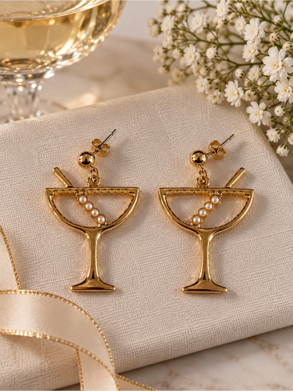 Gold Martini Glass Dangle Earrings with Faux Pearls – New Year’s Party